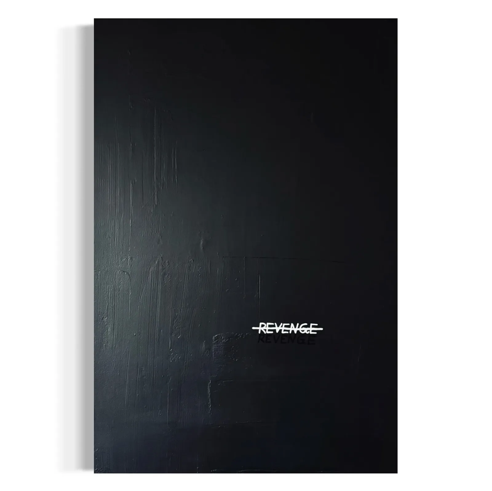 A vertical, minimalist black painting featuring the word 