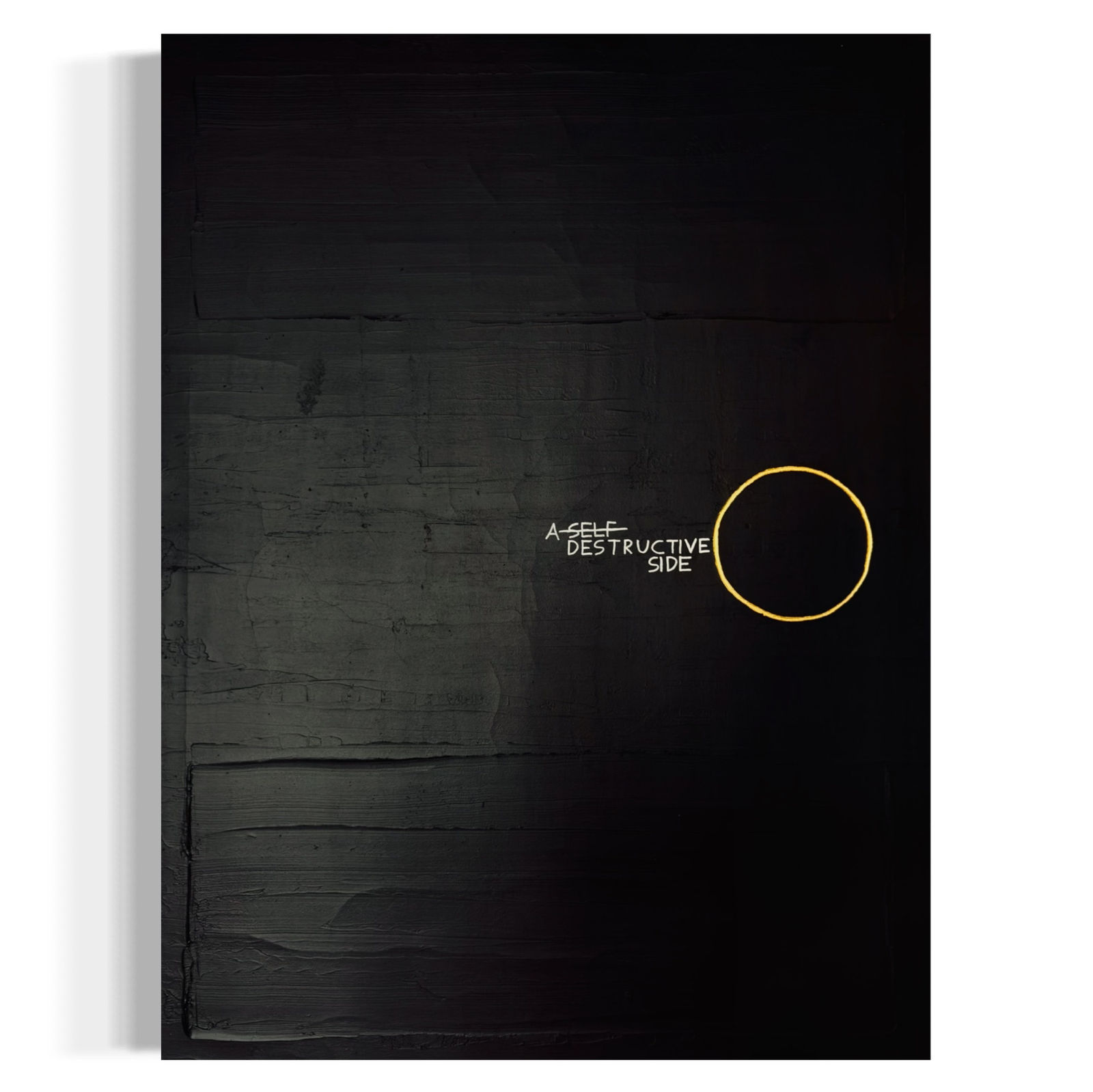 A vertical, minimalist black painting on textured canvas featuring a thin, hand-drawn yellow circle and the text 