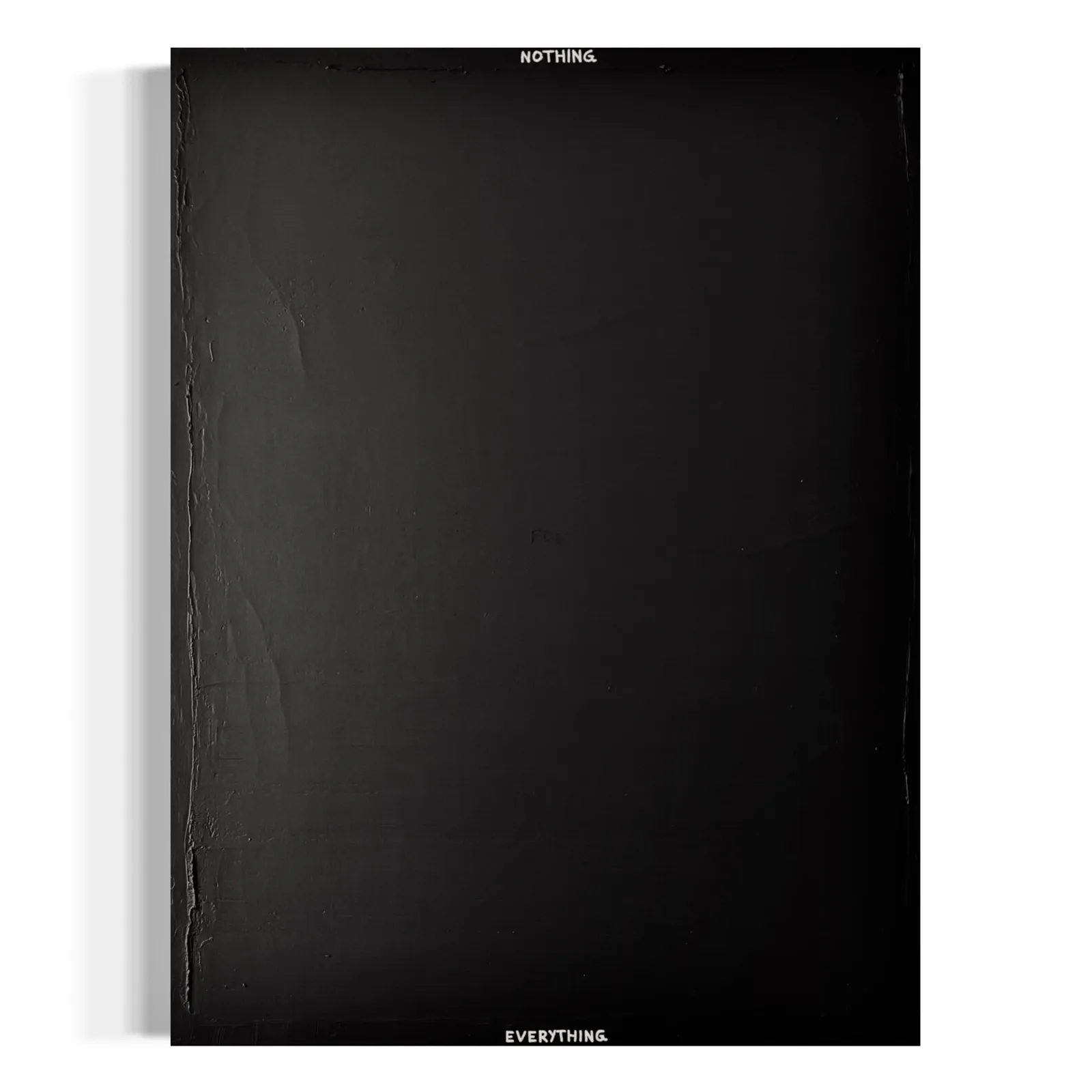 A vertical black and white typographic painting titled 