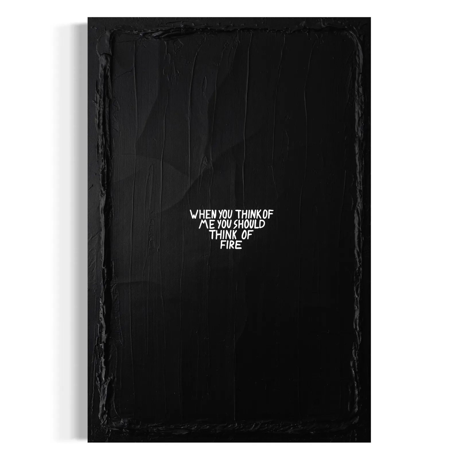 A vertical black and white typographic painting titled 