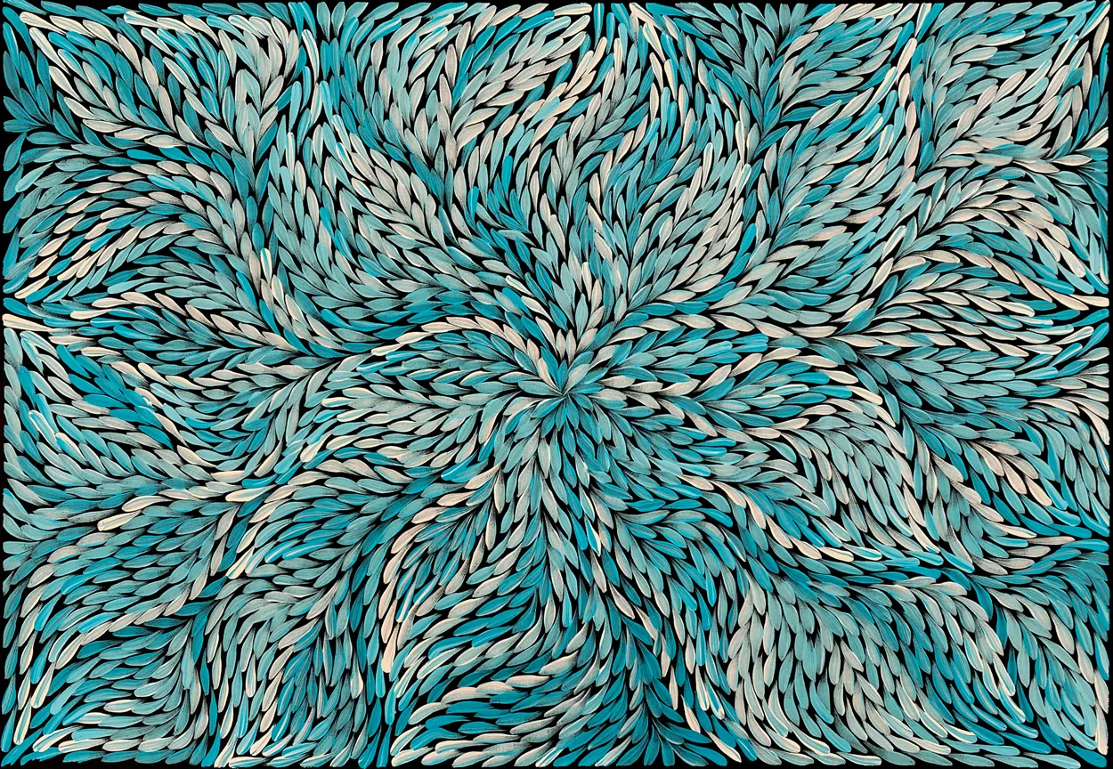 Bush Medicine Leaves by Rosemary Pitjara, 2024, acrylic on canvas, 60 x 90 cm