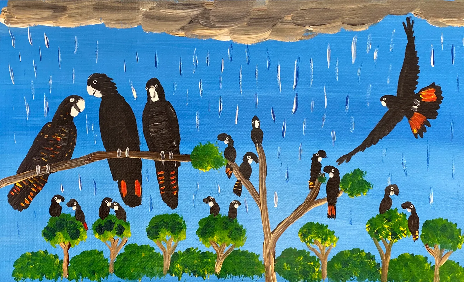 Red-bums Suprised by the Sudden Rains by Kukula McDonald, 2024, acrylic on Belgian linen