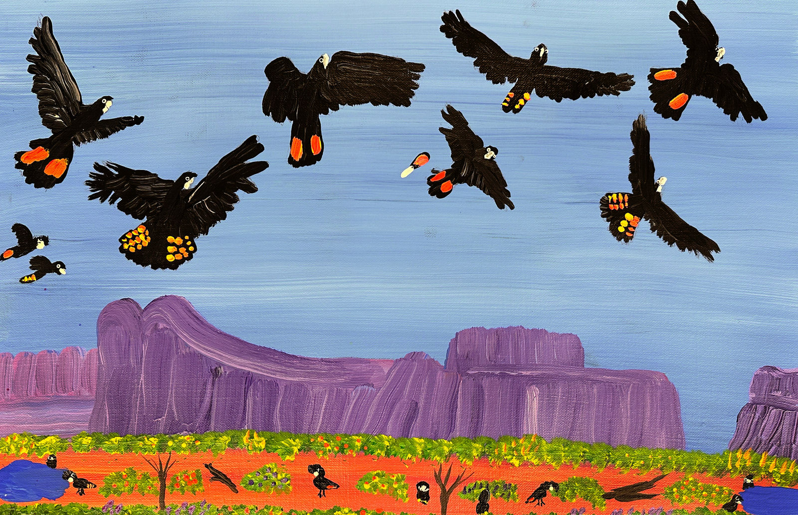 Kukula-mcdonald-mob-of-red-tailed-cockatoos-near-papunya-39.5x61-$550-tiaa-km2023235