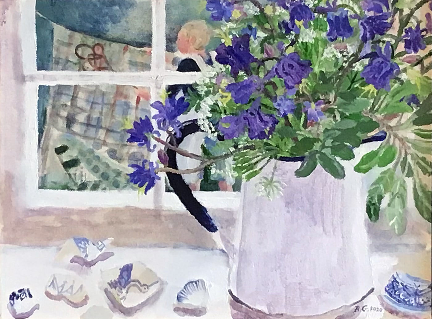 Brita Granström, Blue Aquilegia, Found Pottery and Otterburn Blanket