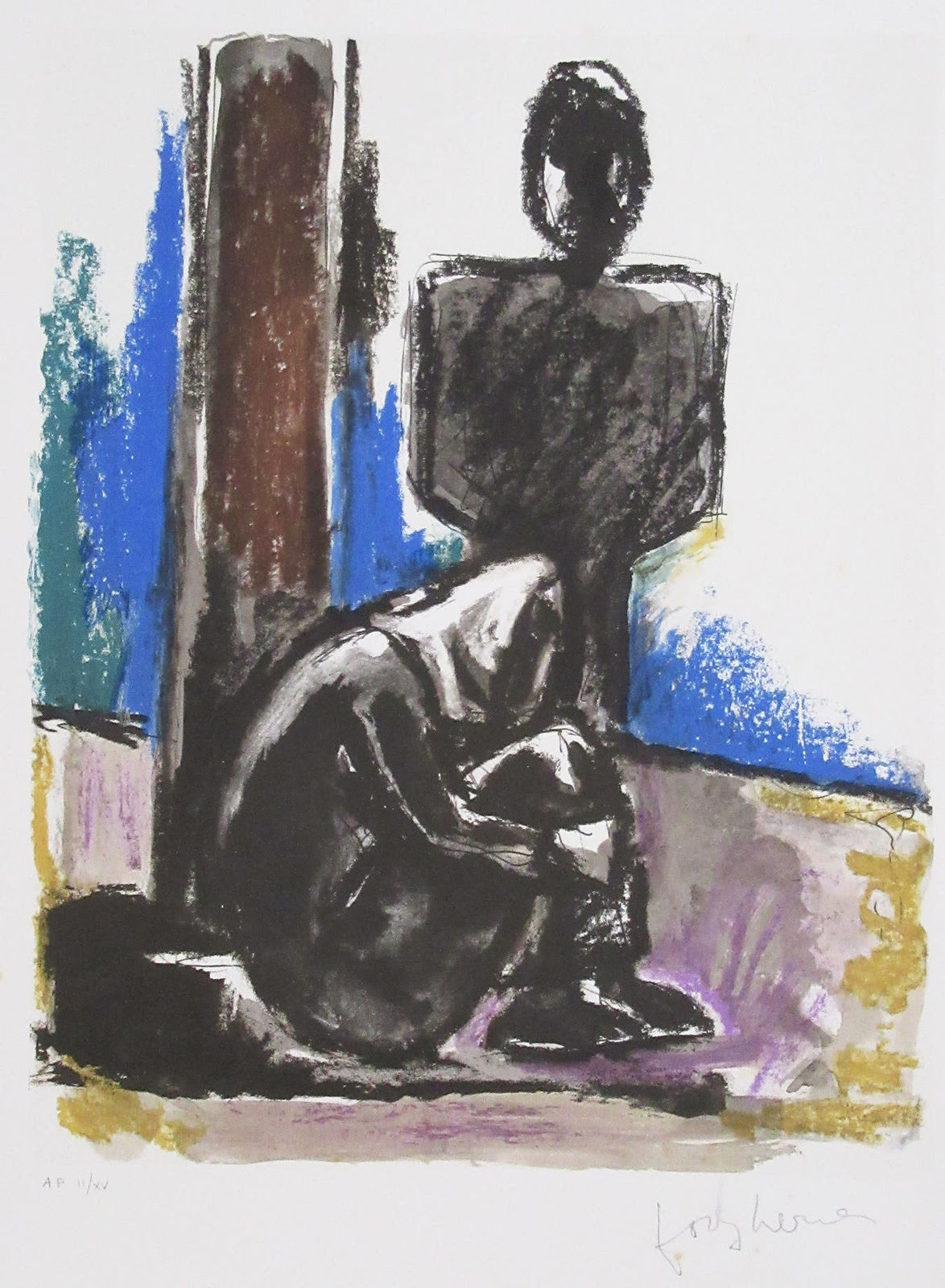Josef Herman OBE RA, Grey Figures by a Lamp Post, A/P II/XV