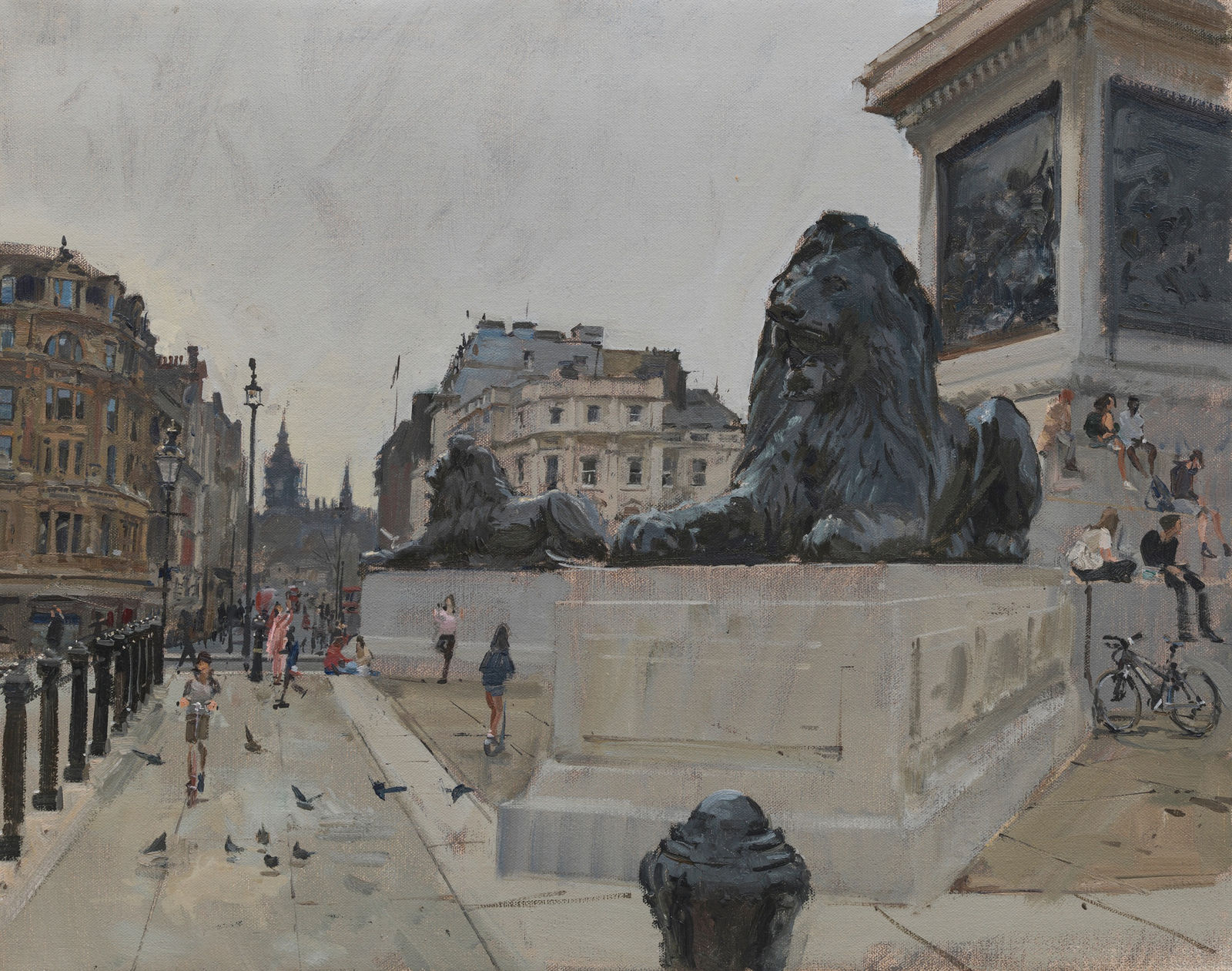 Peter Brown PNEAC PS ROI RP Hon RBA, As London Begins to Emerge, The Landseer Lions, Trafalgar Square
