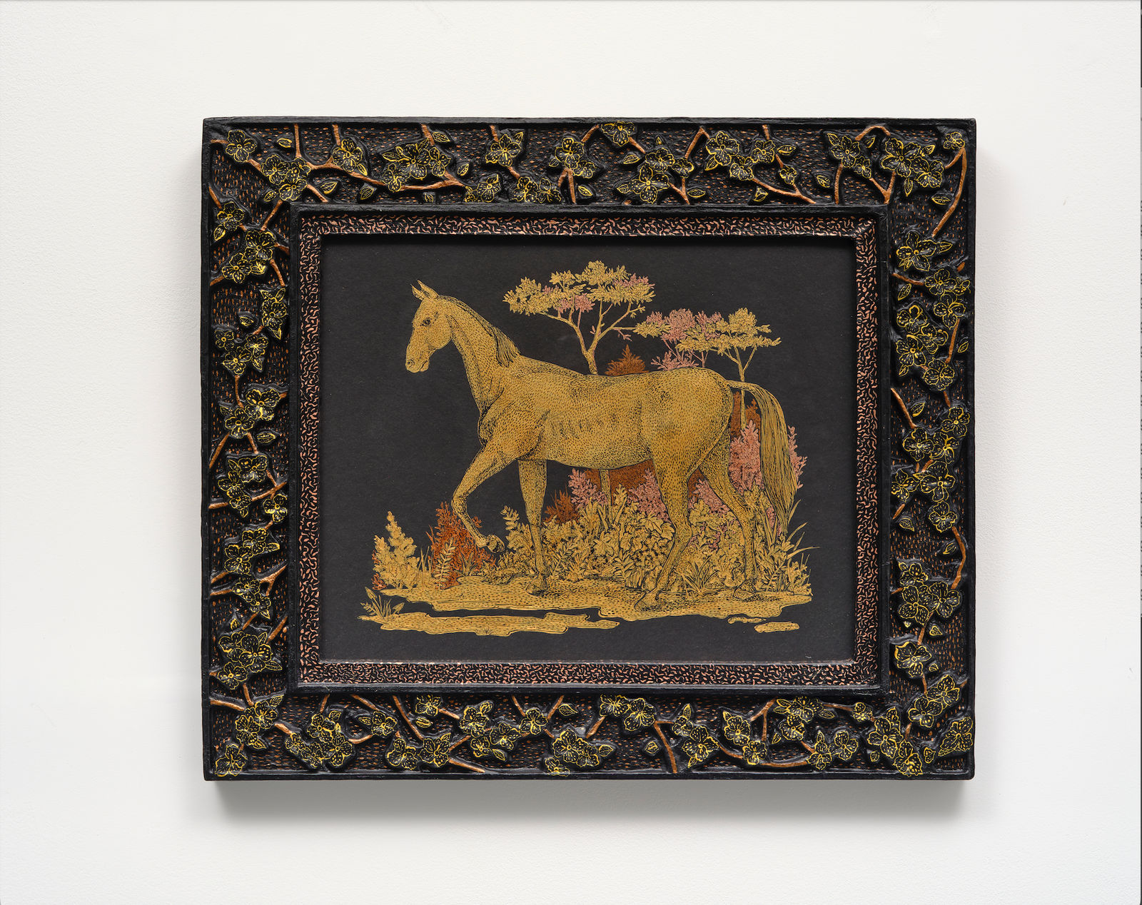 Mark Gagnon, Dogwood Relief Frame with Horse in Landscape Drawing, 2025
