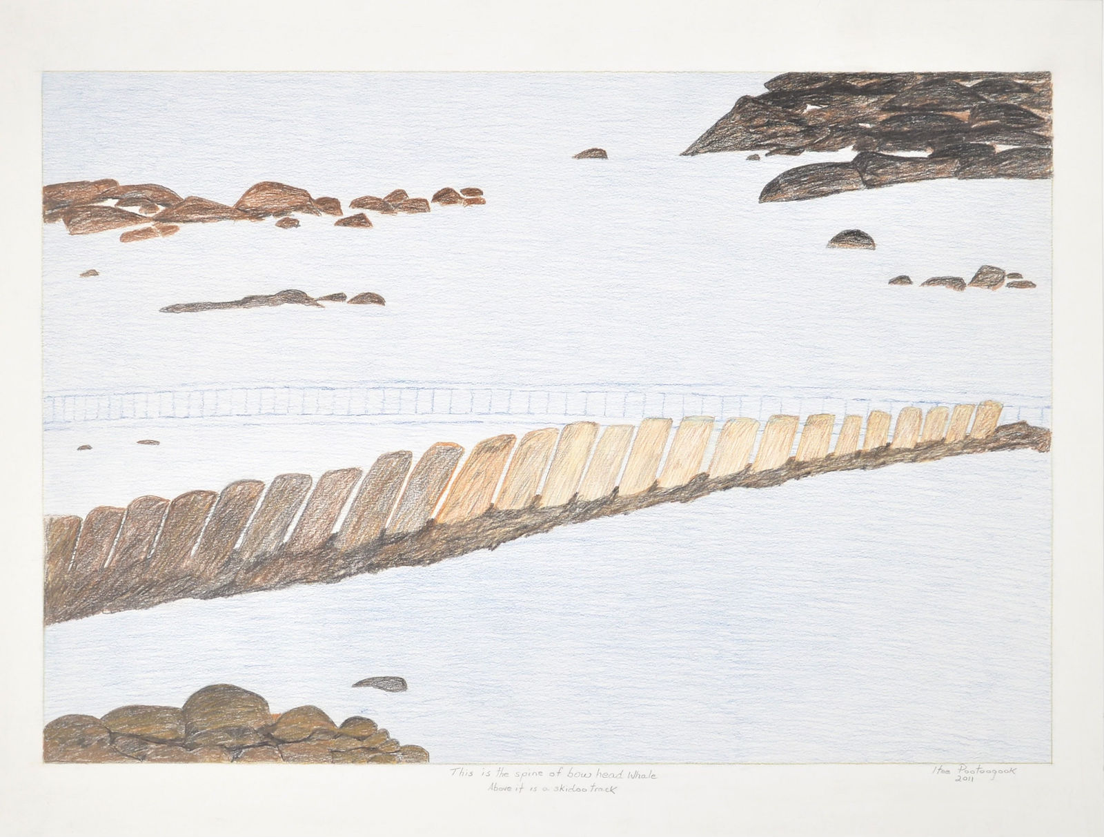 Itee Pootoogook, This is the spine of a bowhead whale; Above it is a skidoo track, 2011