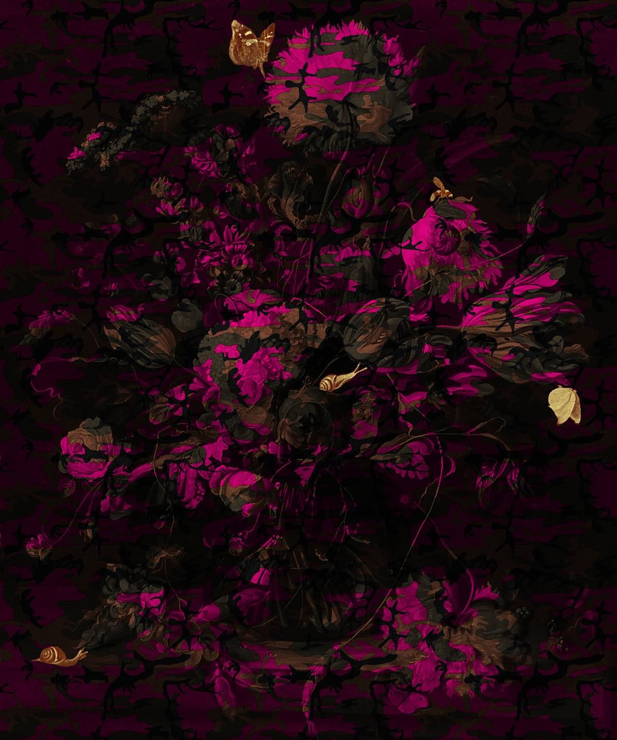 Pink flowers & gold leaf insects on paper