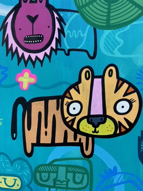 Blue and green cartoon street style art landscape painting details