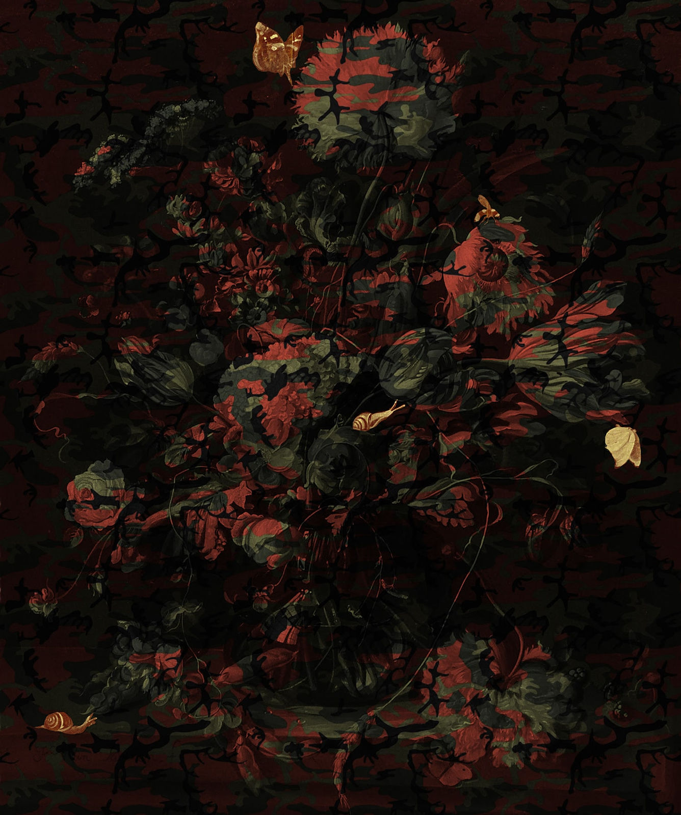 Camo flowers & gold leaf insects on paper