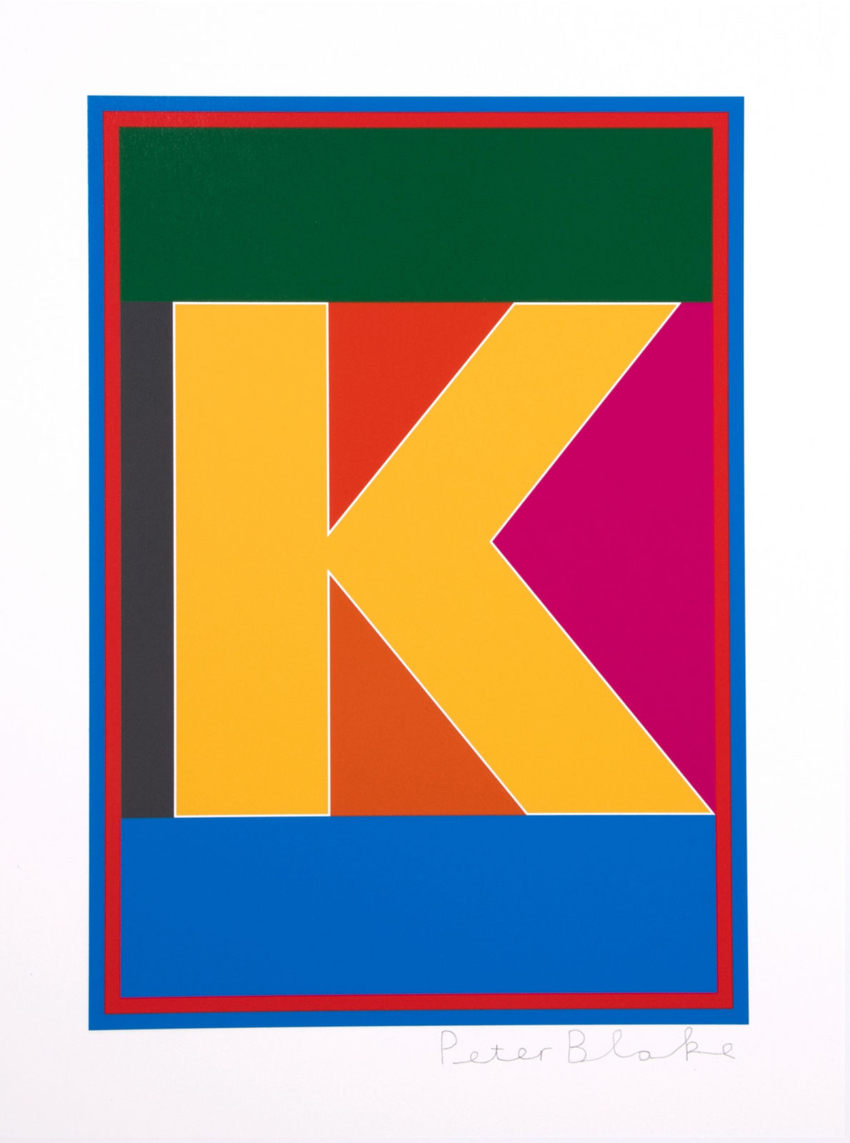 Limited edition silkscreen print by Iconic British Pop artist, Sir Peter Blake titled The Dazzle Alphabet Letter, 2017 featuring a colourful pop art depiction of the letter K. Turner Art Perspective, Essex Gallery.