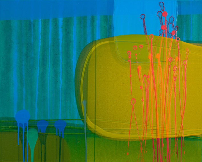 Charlotte Cornish, Artist, Closer III, Blue, Green, Orange, Neon, Original on canvas, Turner Art Perspective, Essex Chelmsford Art Gallery