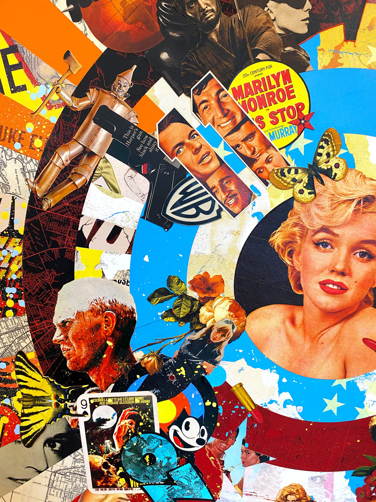 steve rawlings city of night original collage Perspex framed art spray paint acrylic varnish hand cut collage original colour red yellow pop Marilyn Monroe
