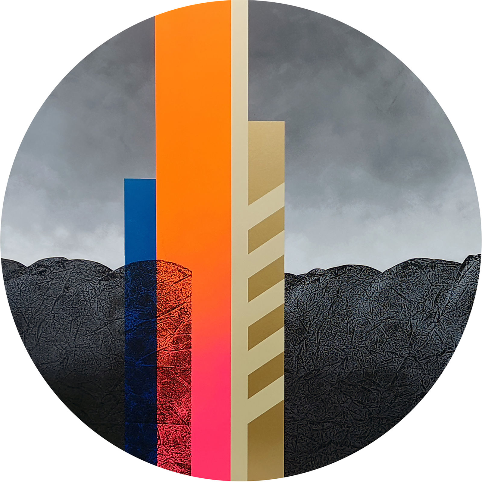 Orange, gold, pink, blue & black abstract, geometric, landscape imagery painted on board