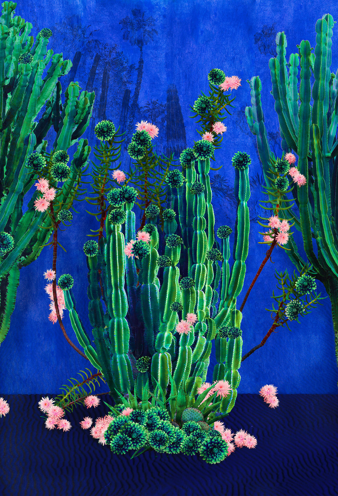 Stylised photograph by Nadia Attura depicting a vivid green cactus with pink blossom on a blue background. Turner Art Perspective, Essex Gallery