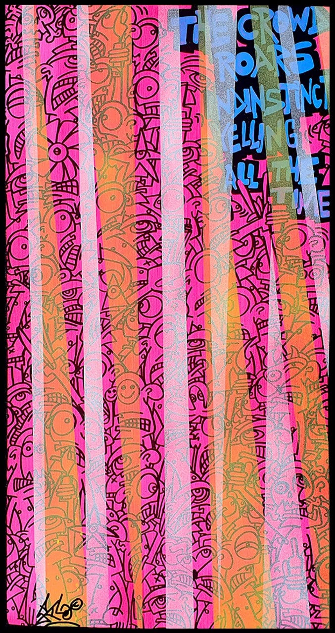 Galo, Artist, Crowd, Street Art, Pink, Orange, Blue, Faces, Turner Art Perspective, Essex Chelmsford Art Gallery