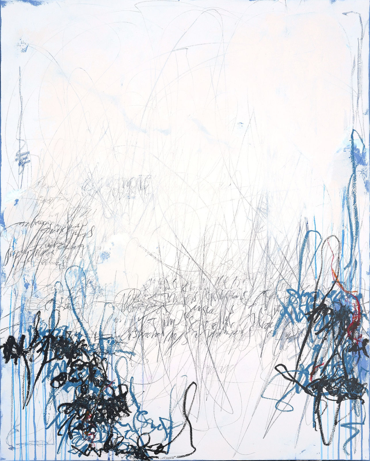 Abstract painting on canvas by artist, Anika De Souza, it has blue and black gesturural marks and calligraphy. Turner Art Perspective, Essex Gallery