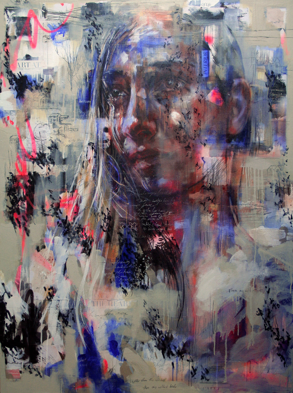 Original Painting with spray paint by British female artist Toni Codgell titled Wild Birds, depicting a close-up of a women’s face with layers of beige, blue and pick accents with painted words and collaged images in a street art style. Turner Art Perspective, Essex Gallery.