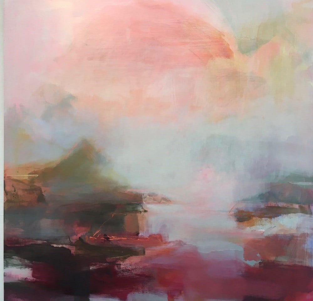 Pink oil painting of misty coast