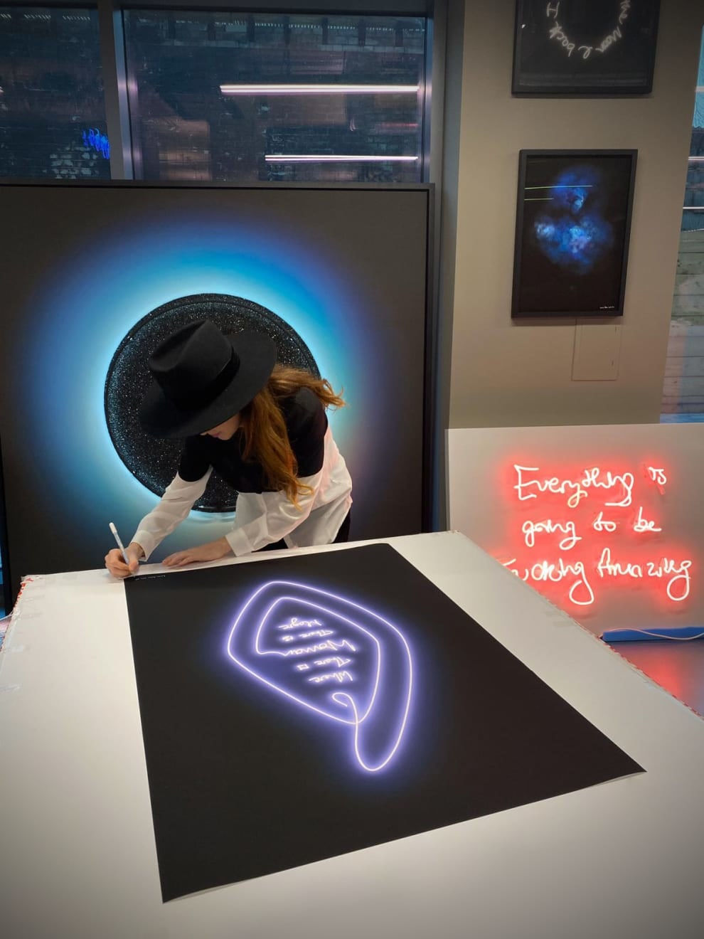 Lauren Baker, Women Magic (White Lavendar), 2021, limited edition neon screen print with diamond dust. Contemporary purple neon typographic artwork exploring human connection and femininity - Available now through Turner Art Perspective, Essex Gallery.