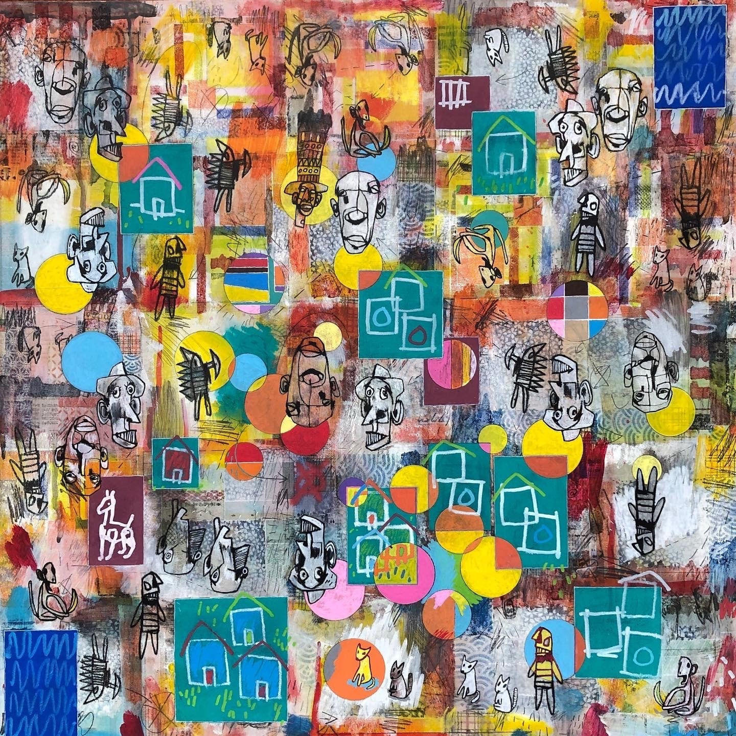 colourful collage painting on board in a pop art and street art style Turner art perscpective.