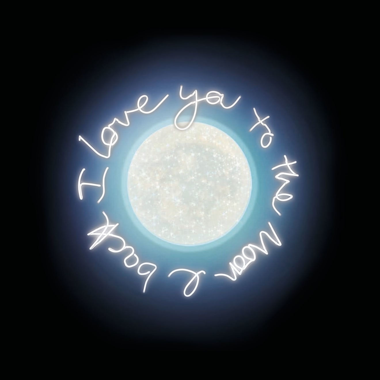 Lauren Baker, Midnight Moon (supersize), 2020, Neon white Ink typography with diamond dust, Limited edition Print. Contemporary neon typographic artwork exploring human connection and the universe - Available now through Turner Art Perspective, Essex Gallery