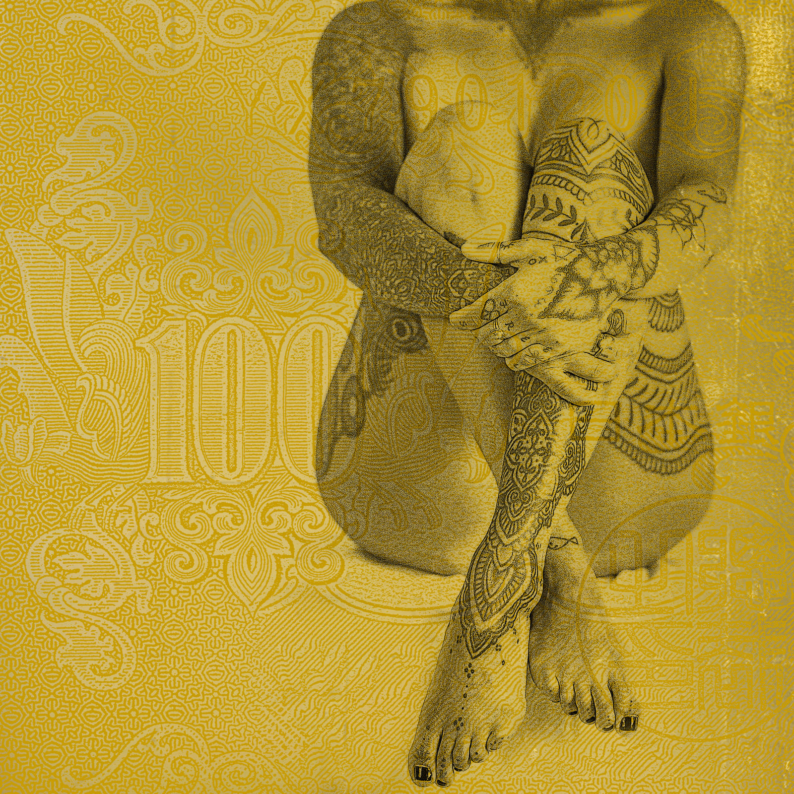 gavin mitchell artist 100 yen photo acrylic print gold leaf board tulipwood box frame framed japan figure tattoo woman sitting collage japan gold black turner art perspective essex art gallery