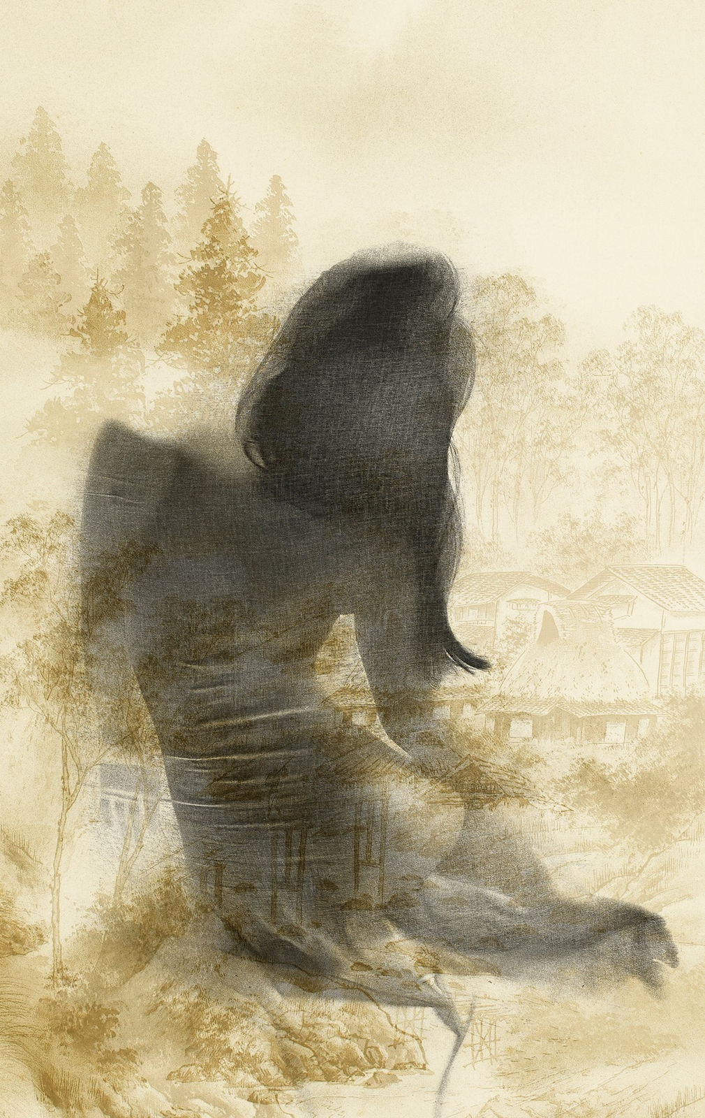 Silhouette of woman in sepia forest