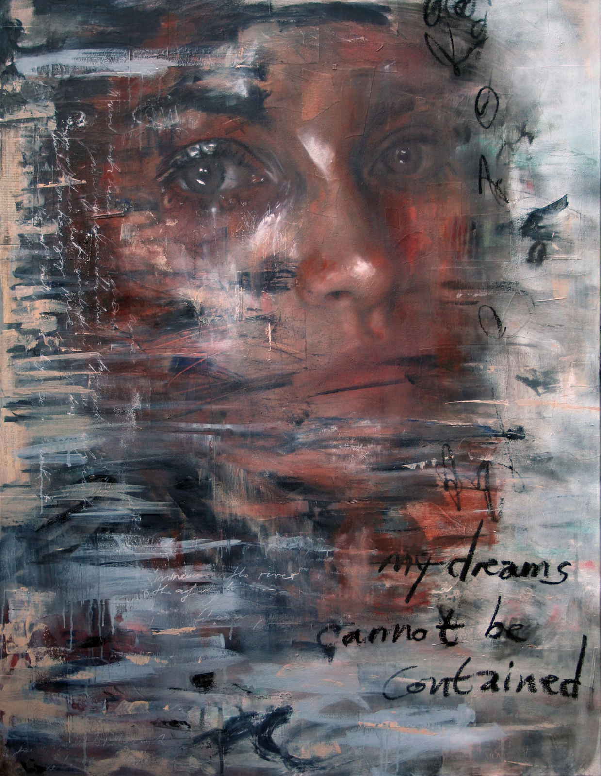 Original Painting with spray paint by British female artist Toni Codgell titled Pandora depicting a close-up female face with dark greys and white in painterly layers in a street art style. Turner Art Perspective, Essex Gallery.