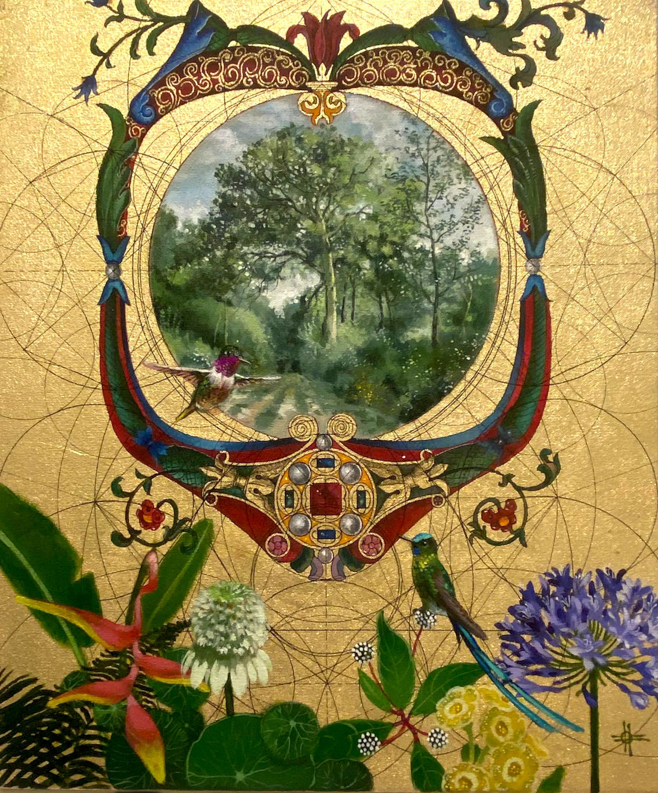 Marco Araldi, Kin 6, Gold gilding, ink and acrylic on canvas. Fine-line geometric patterns overlaid with soft natural paintings of flora and birds - Available now through Turner Art Perspective, Essex Gallery.