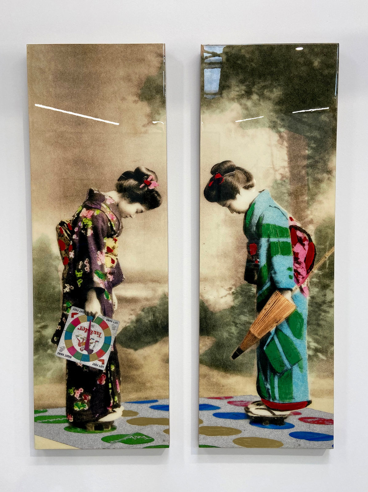 Gavin Mitchell, artist, Geisha girls playing Twister diptych, Turner Art Perspective Essex gallery