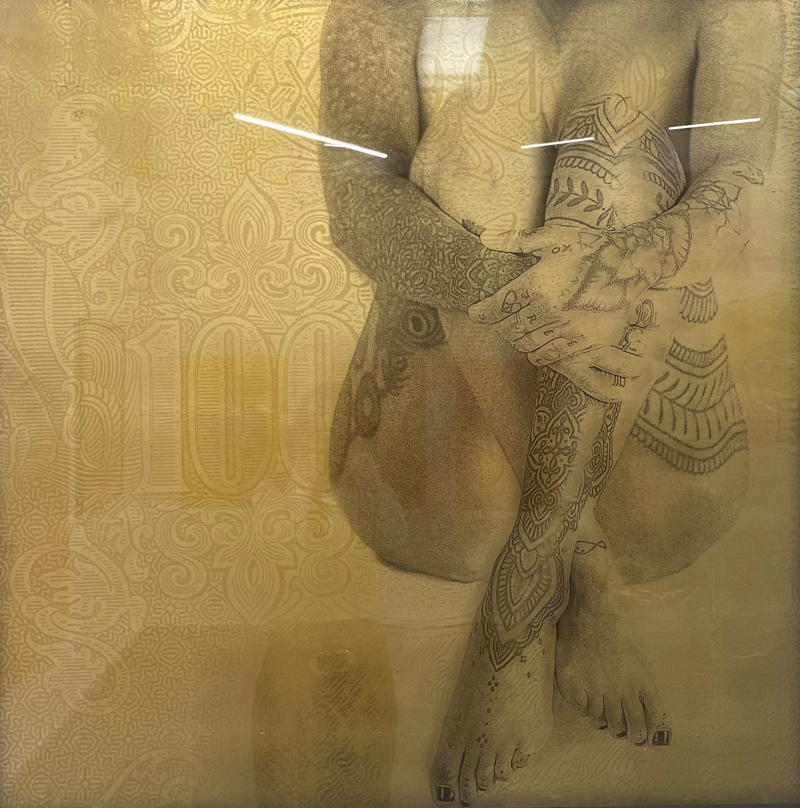 Gavin Mitchell, 100 Yen, Artwork, Box frame, Gold, Leaf, Turner Art Perspective, Essex Chelmsford Art Gallery