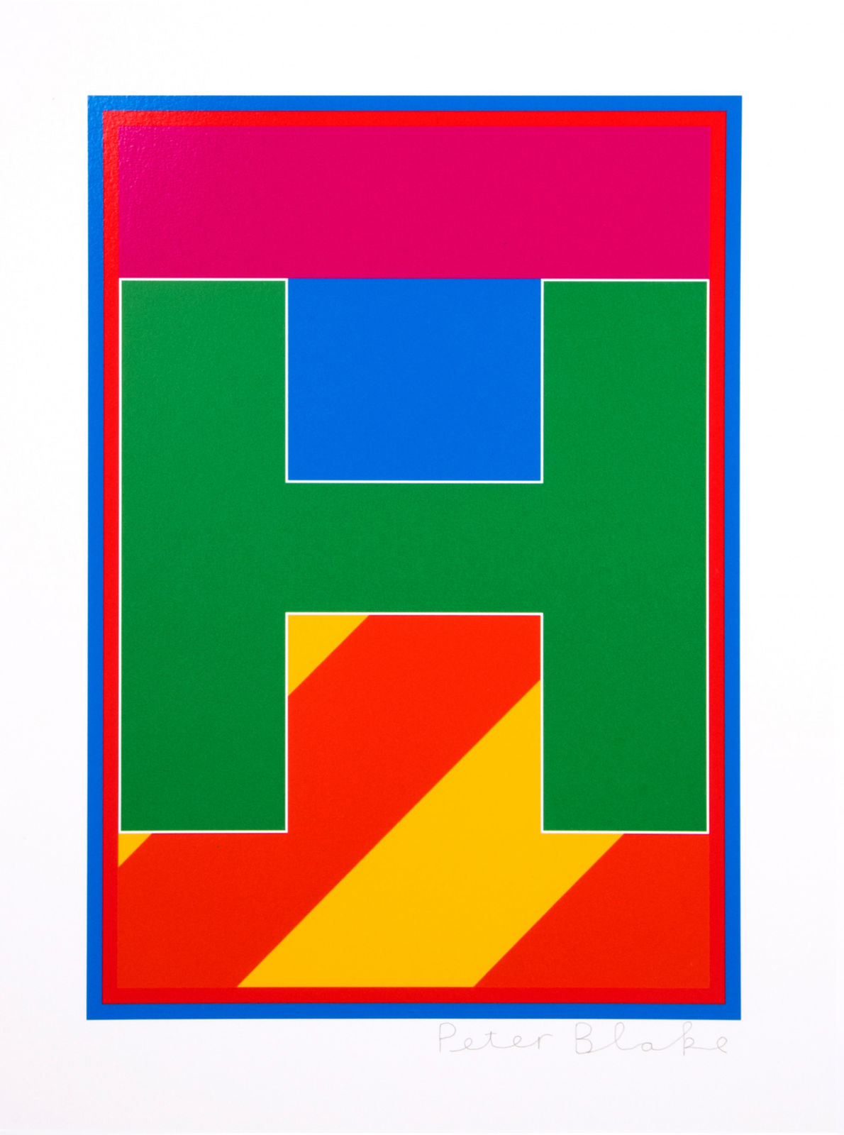 Limited edition silkscreen print by Iconic British Pop artist, Sir Peter Blake titled The Dazzle Alphabet Letter, 2017 featuring a colourful pop art depiction of the letter H. Turner Art Perspective, Essex Gallery.