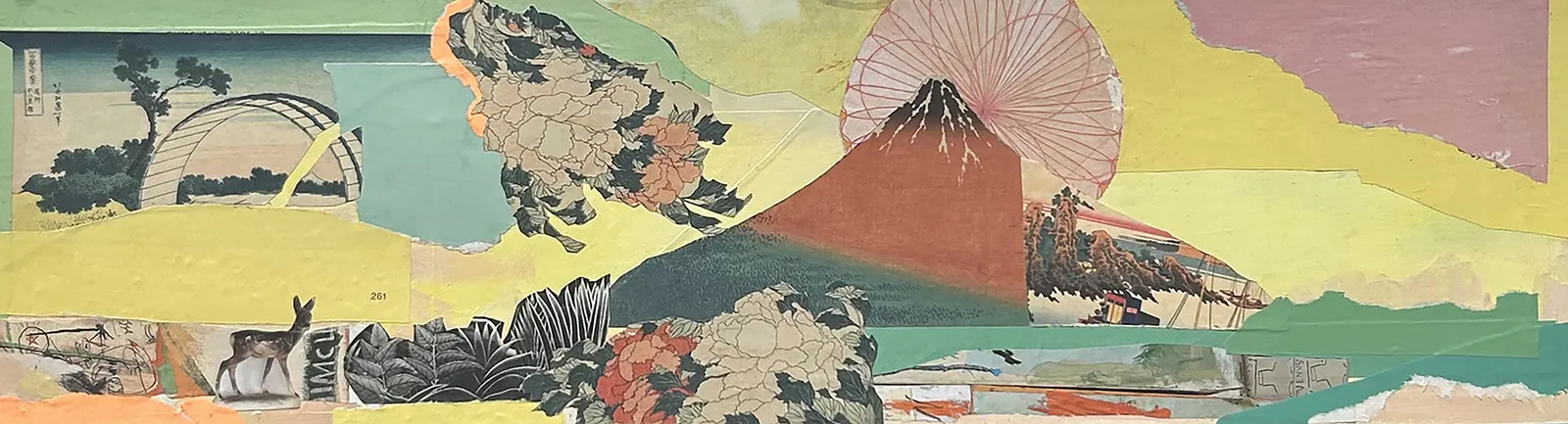 Pastel-toned mixed media collage on a spray-painted board, featuring layered found pages and printed imagery with abstract forms and subtle references to Japanese postcard aesthetics. Turner Art Perspective, Essex Art Gallery.