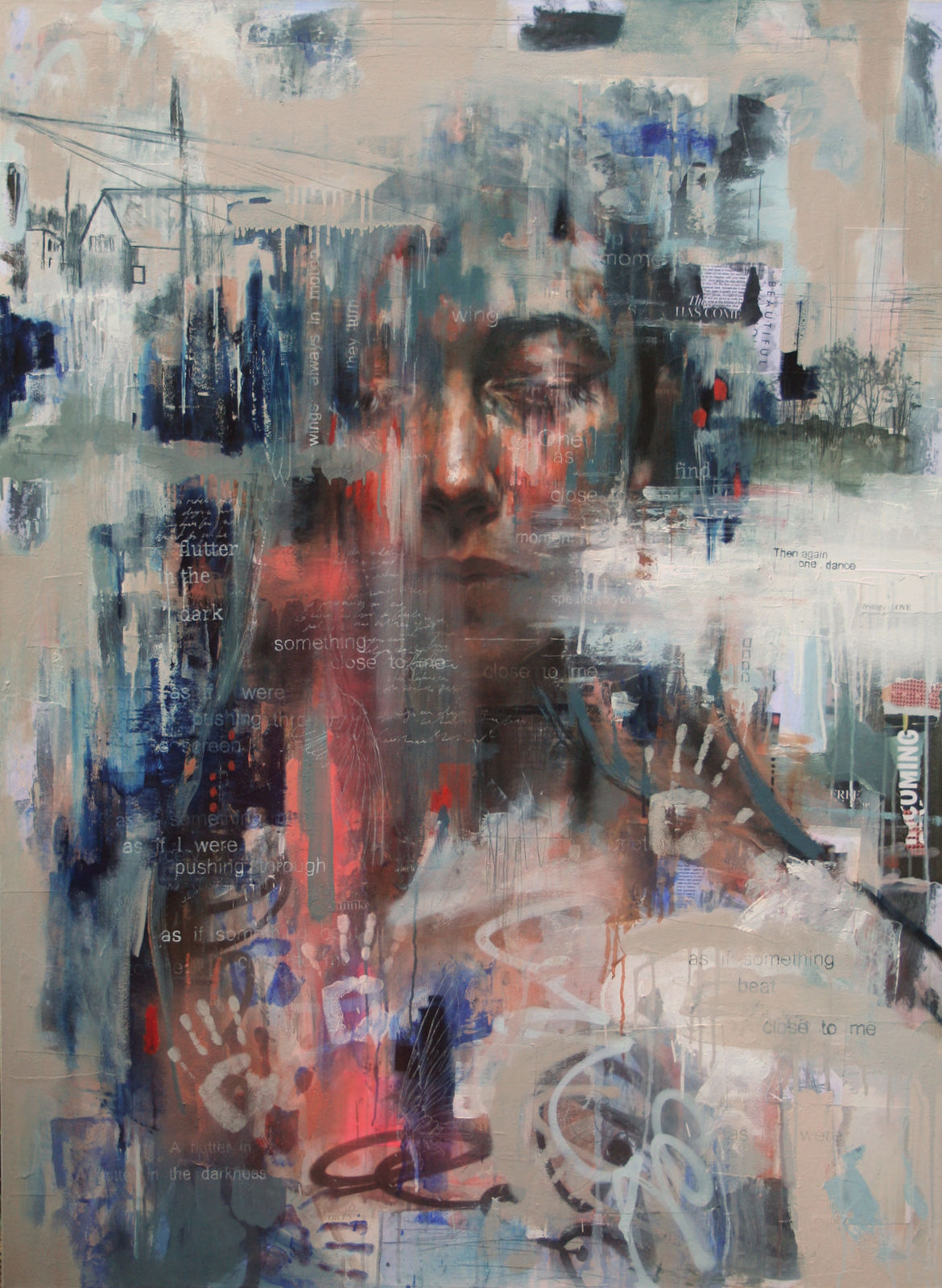 Original Painting with spray paint by British female artist Toni Codgell titled The Moth Shakes It's Wings In Me, depicting a close-up of a faded women’s face with layers of blue and beige tones with painted words and collaged images in a street art style. Turner Art Perspective, Essex Gallery.