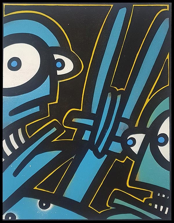Galo, Artist, Backstage, Original painting on board, Street art, Blue, Yellow, Faces, Turner Art Perspective, Essex Chelmsford, Art Gallery