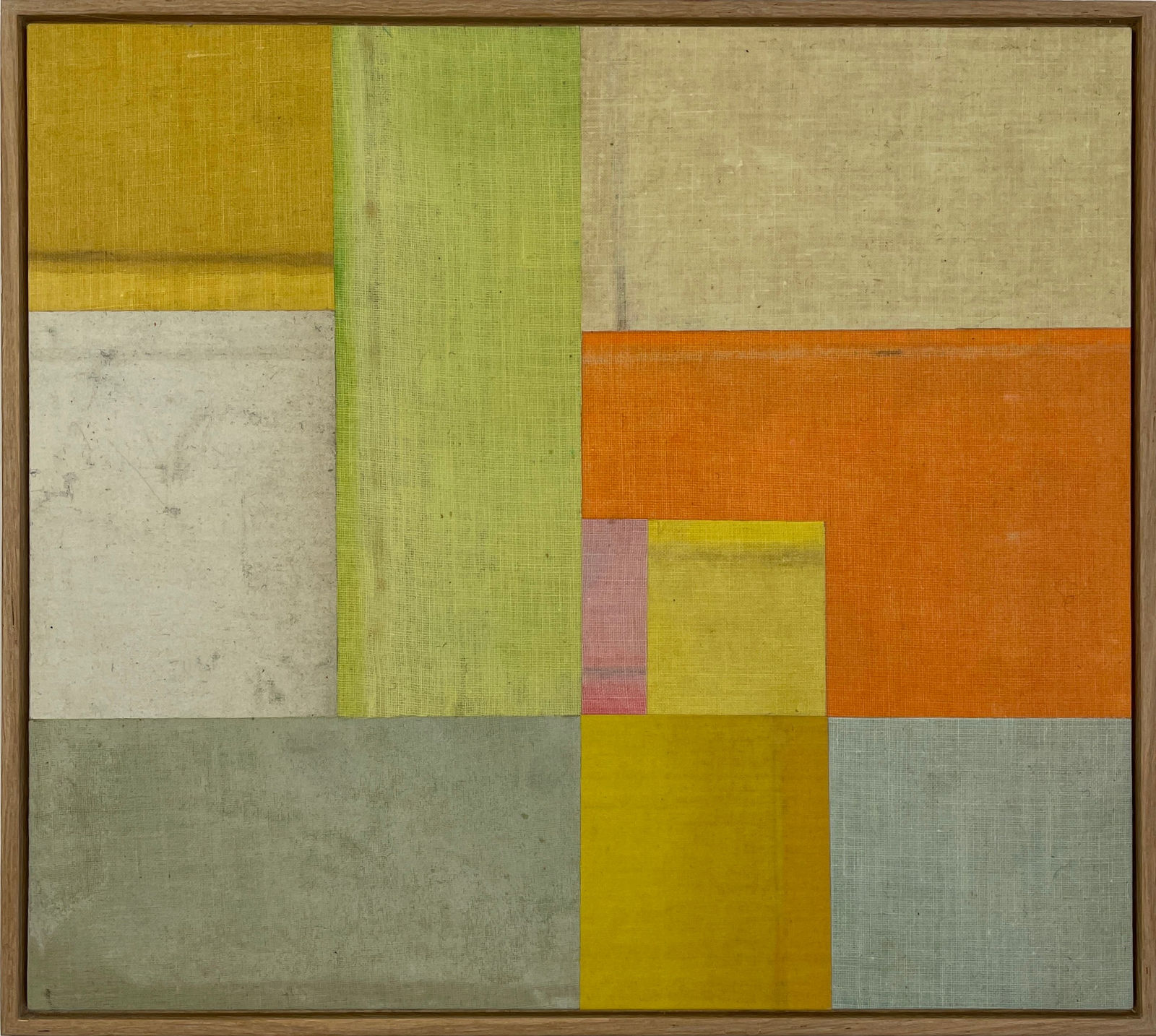 Katie Mawson, Artist, Array, Original Abstract, Vintage book cloth on board, Orange, Yellow, Green, Essex Chelmsford Art Gallery, Turner Art Perspective