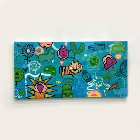 Blue and green cartoon street style art landscape painting hung on gallery wall