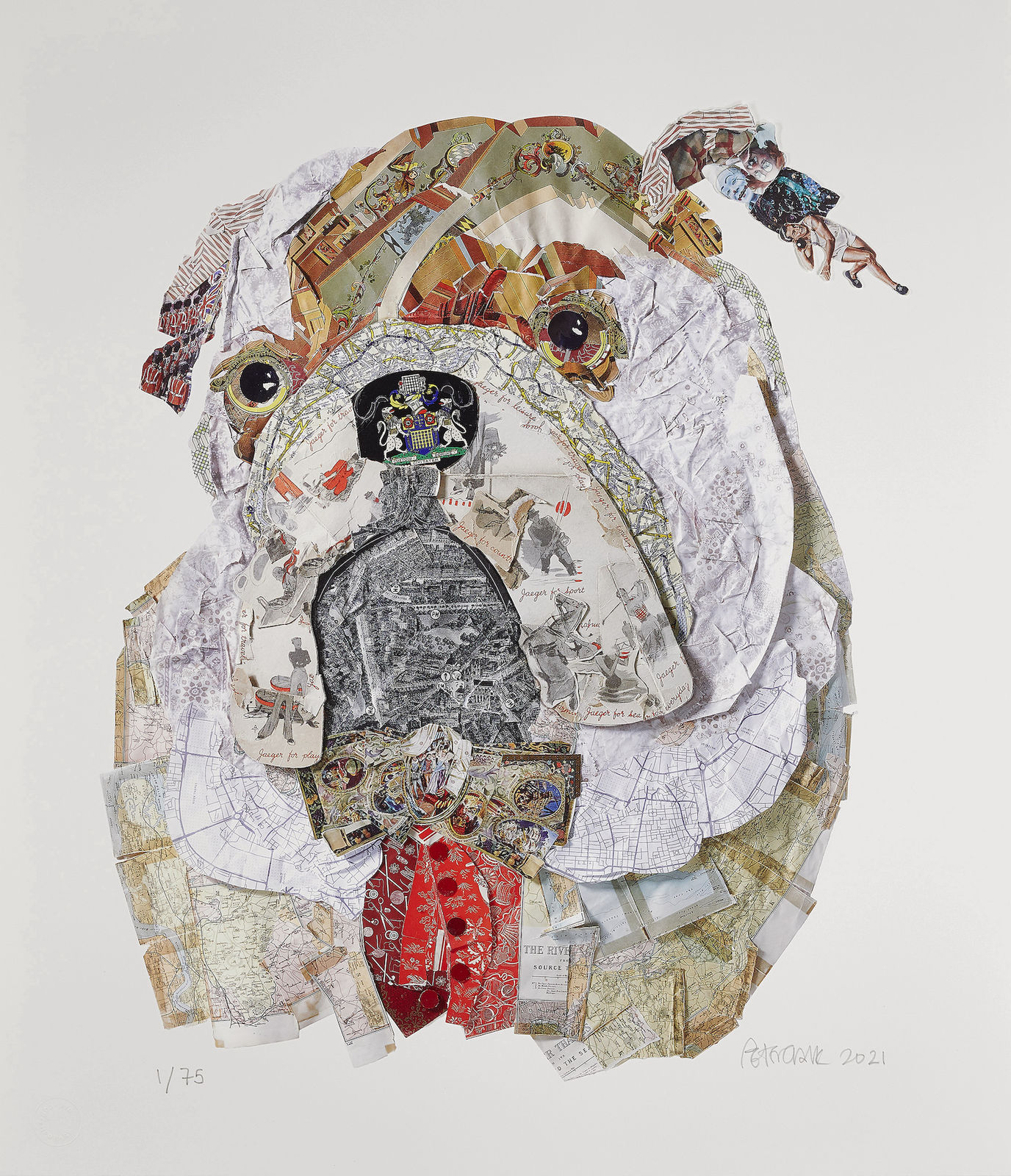 collaged print of brown white English bull dog in red tux at turner art perspective and tap galleries by peter clark