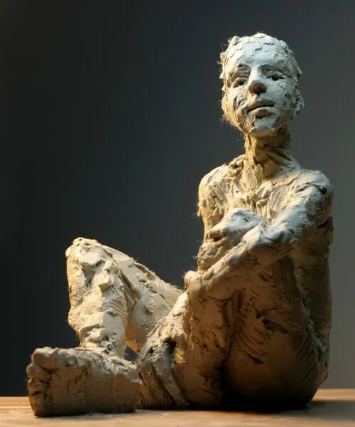 Carol Peace, Artist, Seated Male Figure 1, Iron Resin Figurative Sculpture, Turner Art Perspective, Essex Chelmsford Art Gallery