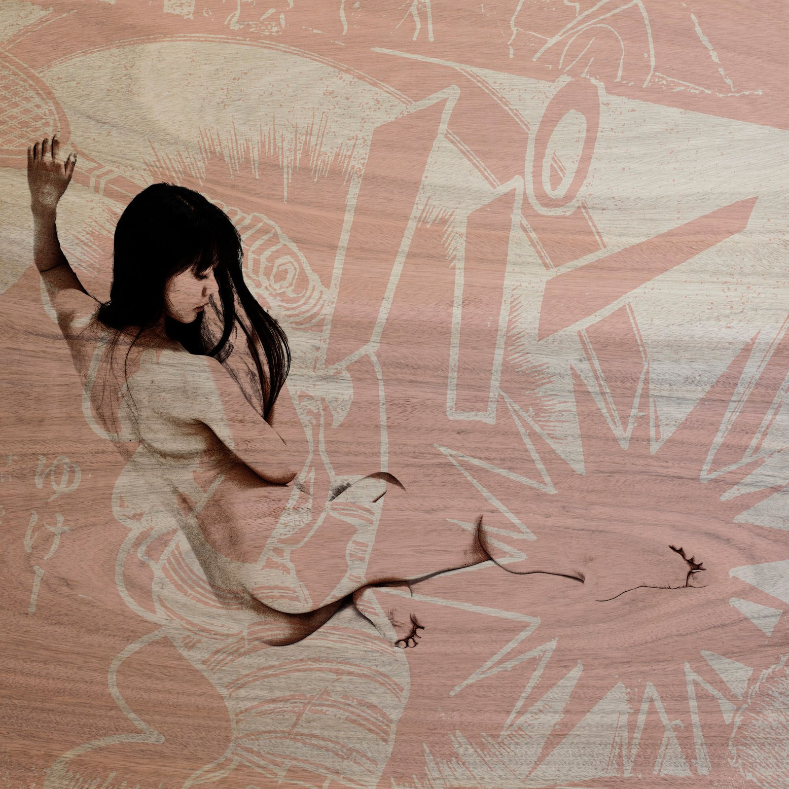 Woman sitting sideways with arm up and head down pink Japanese imagery in background