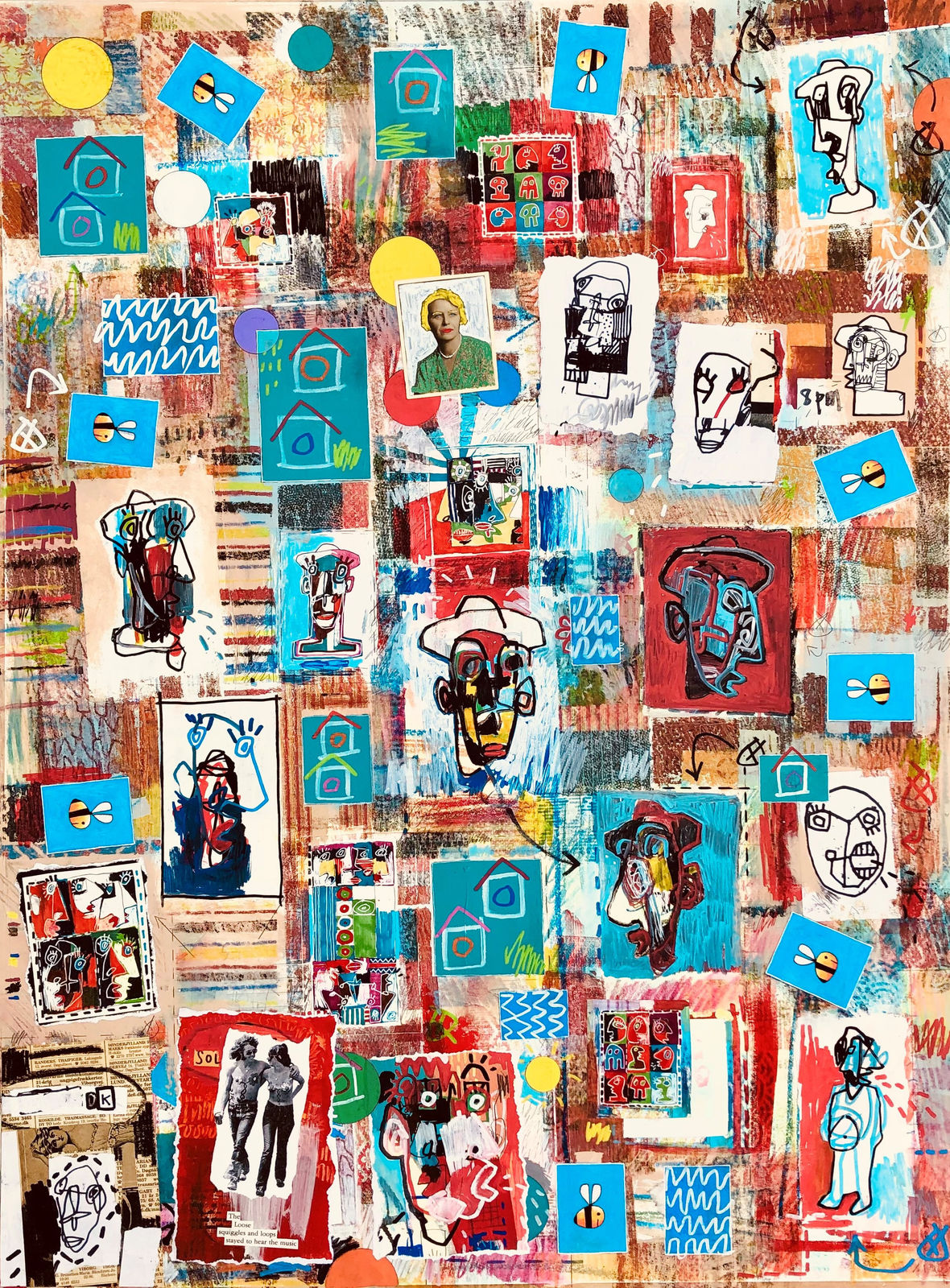 Mixed media collage in blues and reds, depicting faces and bees. Turner Art Perspective