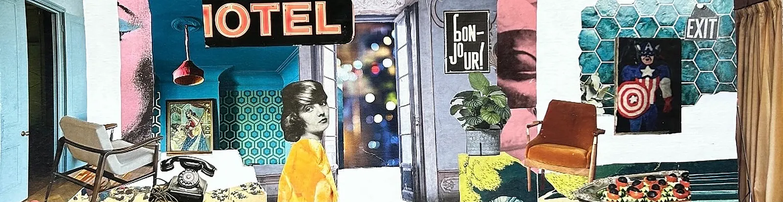A mixed media collage depicting a stylised interior resembling a hotel room, composed of cut-out images including furniture, a telephone, signage, patterned walls, and a female figure. Turner Art Perspective, Essex Art Gallery.