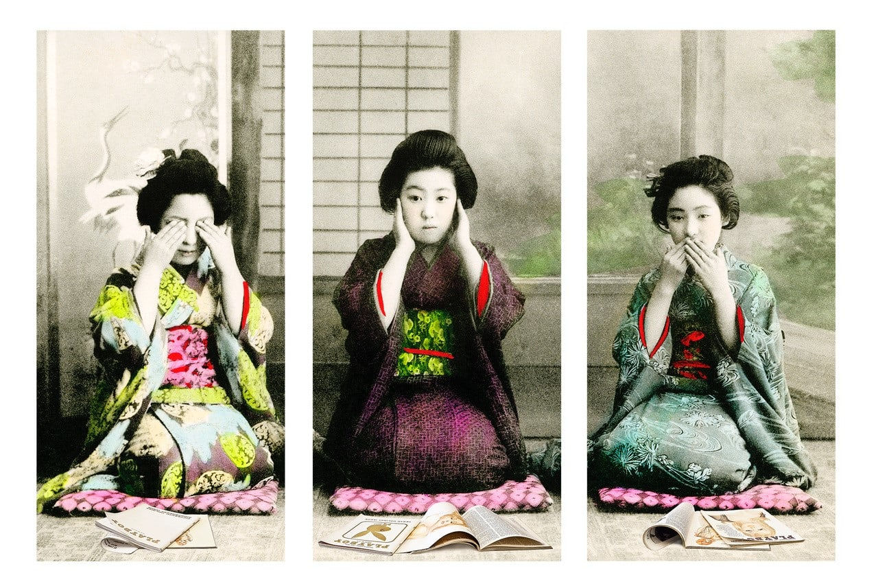 Gavin mitchell, artist, see no hear no speak no, Geisha girls see no hear no speak no triptych, Turner Art perspective gallery Essex
