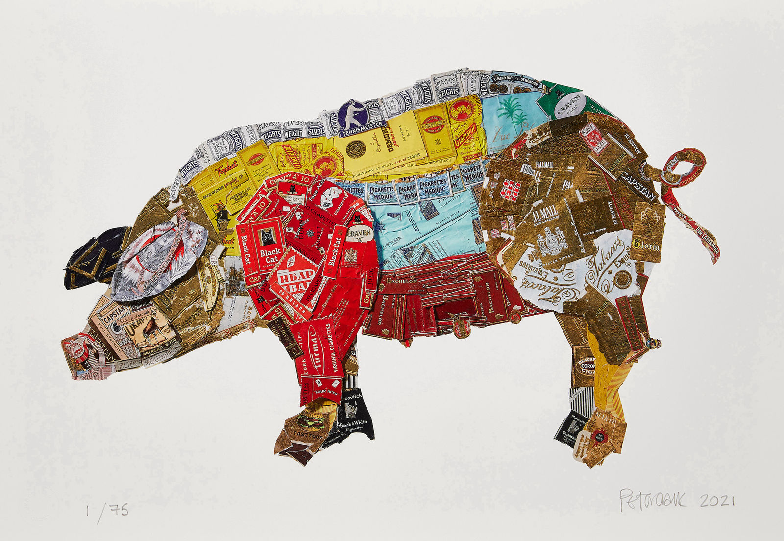 Smoked Bacon collaged pig print brown red yellow blue collage by peter clark at Tap galleries and turner art perspective