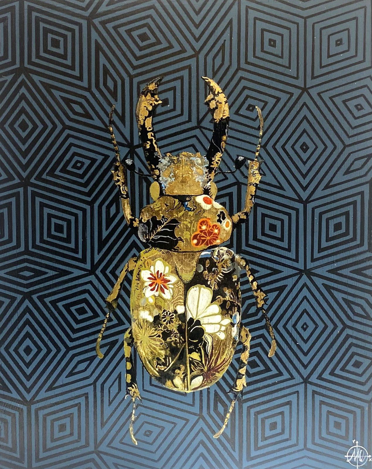 Painting on canvas of stag beetle, gold leaf and ink in a japense laqucear style, creating a stylised painting of bugs and nature. Turner Art Perspective, essex gallery