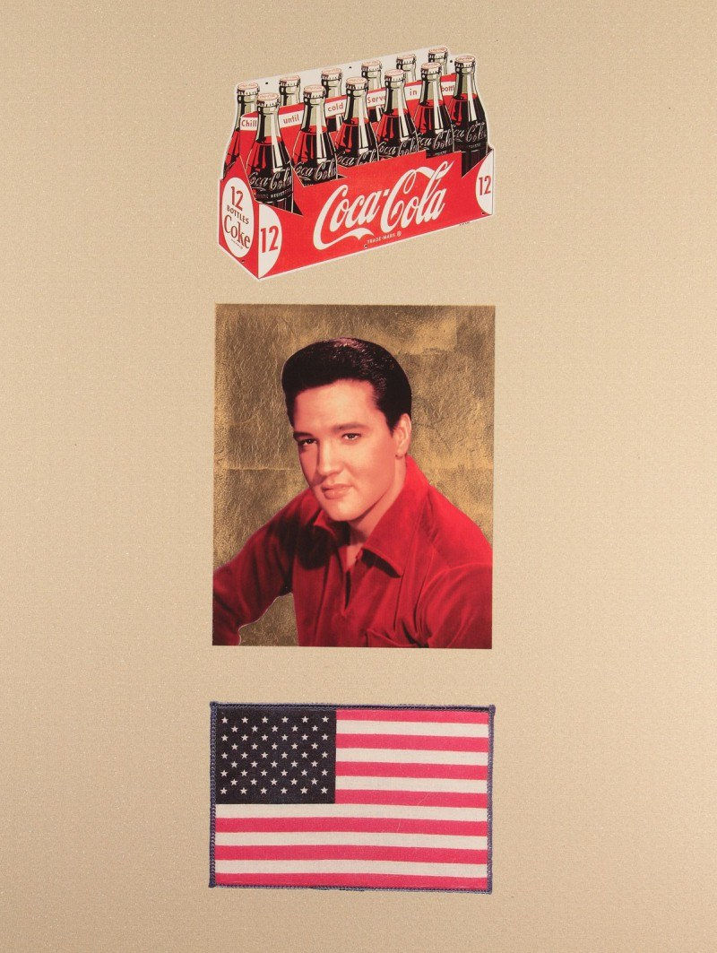 Limited edition silkscreen print by Iconic British Pop artist, Sir Peter Blake, American Trilogy (Cream & Gold), Blackpool, 2012 featuring Coca cola logo, Elvis Presley and the American flag. Turner Art Perspective, Essex Gallery.
