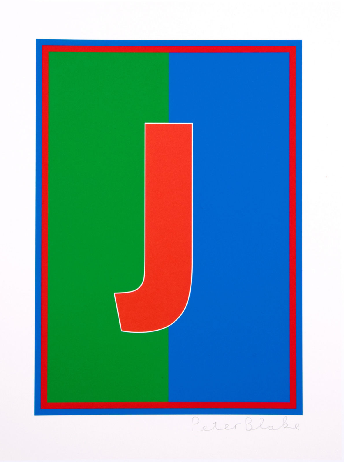 Limited edition silkscreen print by Iconic British Pop artist, Sir Peter Blake titled The Dazzle Alphabet Letter, 2017 featuring a colourful pop art depiction of the letter J. Turner Art Perspective, Essex Gallery.