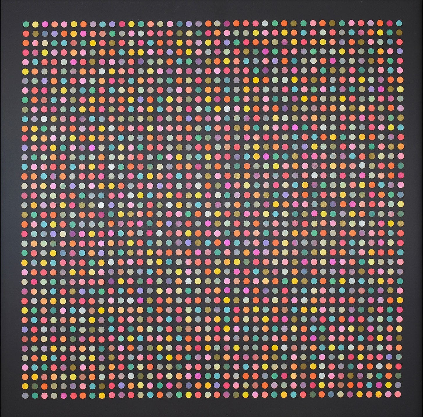 A grid of evenly spaced, multicolored dots on a black background, creating a vibrant, randomized pattern.